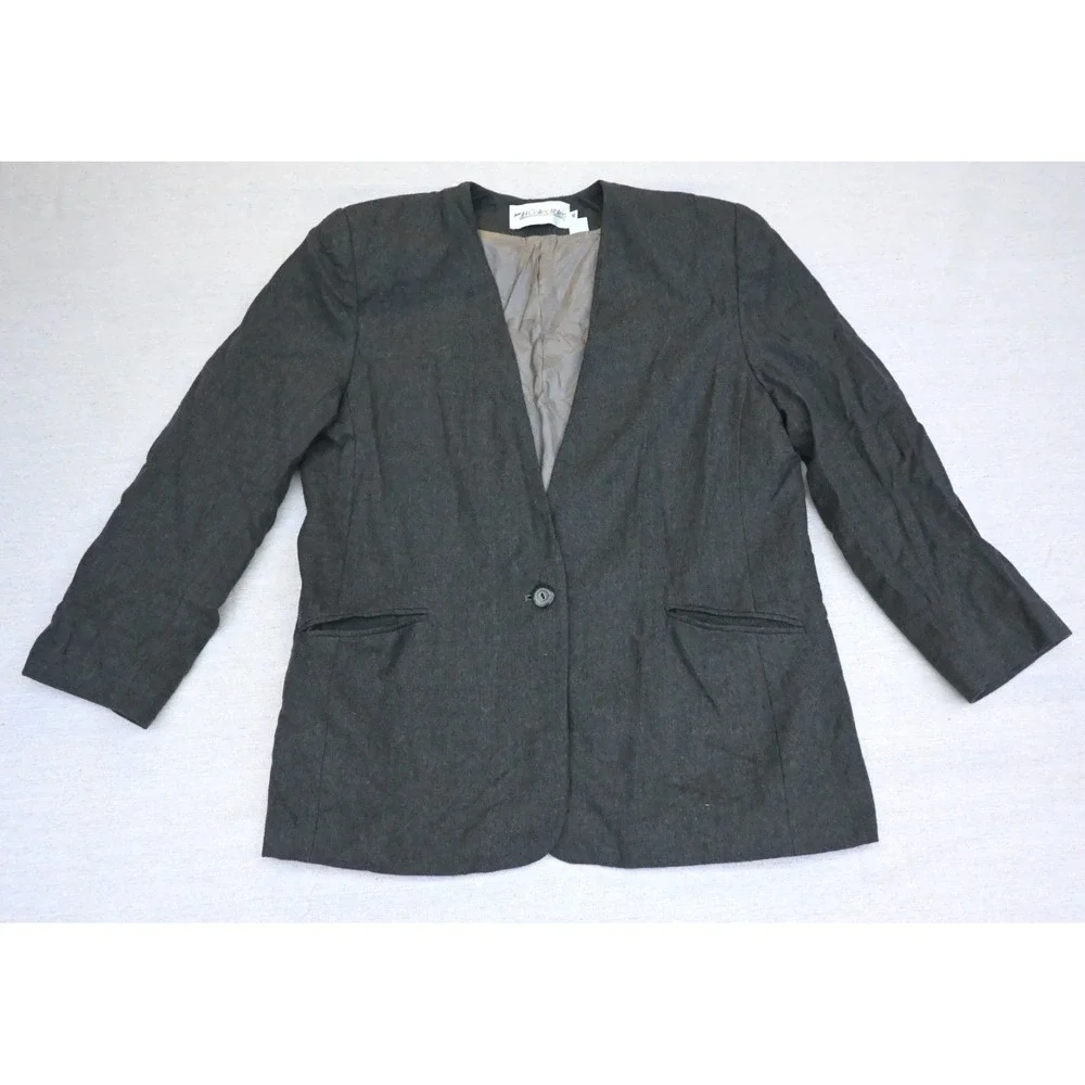 Vintage JH Collectibles Womens 16 100% Wool Collarless Blazer Charcoal Classic